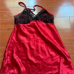 Linea Donatella Red Satin Chemise with Black Lace